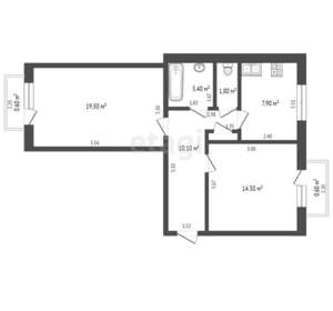 2-к квартира, вторичка, 57м2, 3/3 этаж