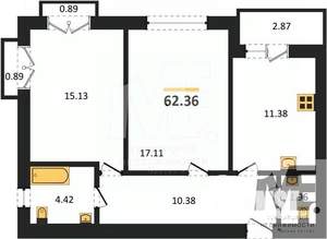 2-к квартира, вторичка, 62м2, 6/9 этаж