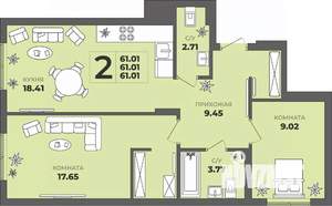 2-к квартира, вторичка, 61м2, 1/8 этаж