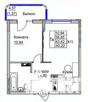 1-к квартира, вторичка, 40м2, 6/9 этаж