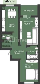 2-к квартира, вторичка, 64м2, 12/16 этаж