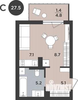 1-к квартира, вторичка, 28м2, 8/9 этаж
