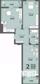 2-к квартира, строящийся дом, 64м2, 1/8 этаж