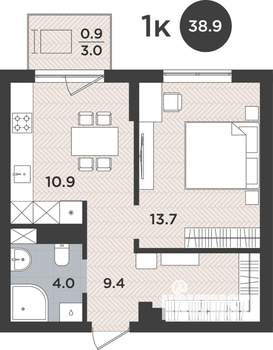 1-к квартира, вторичка, 39м2, 9/9 этаж