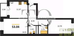 2-к квартира, вторичка, 53м2, 1/9 этаж