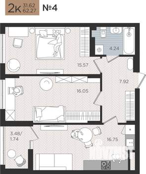 2-к квартира, вторичка, 62м2, 2/10 этаж