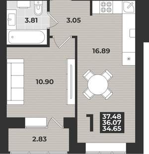 1-к квартира, вторичка, 37м2, 2/9 этаж