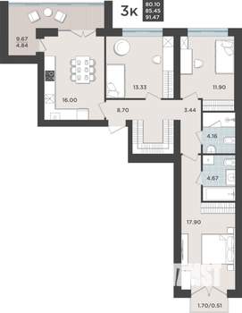 3-к квартира, строящийся дом, 85м2, 2/10 этаж