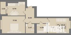 2-к квартира, строящийся дом, 58м2, 2/9 этаж