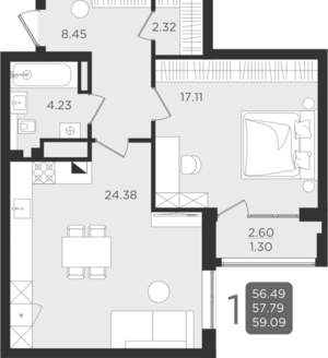 Студия квартира, вторичка, 58м2, 2/9 этаж