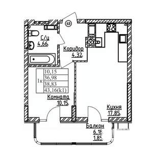 1-к квартира, строящийся дом, 39м2, 2/9 этаж
