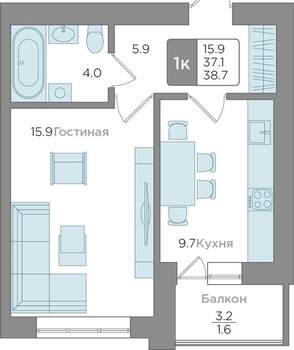 Студия квартира, вторичка, 37м2, 9/9 этаж