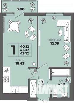 1-к квартира, строящийся дом, 41м2, 7/8 этаж