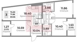 3-к квартира, вторичка, 72м2, 3/10 этаж