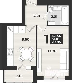 1-к квартира, вторичка, 32м2, 9/9 этаж