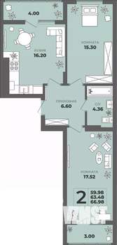 2-к квартира, строящийся дом, 63м2, 5/8 этаж