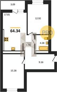 2-к квартира, вторичка, 64м2, 6/8 этаж