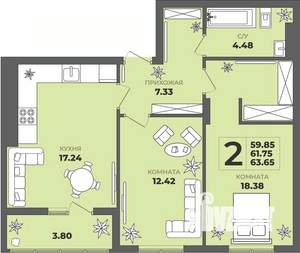 2-к квартира, вторичка, 62м2, 8/8 этаж