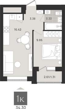 1-к квартира, вторичка, 34м2, 6/9 этаж