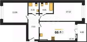 2-к квартира, вторичка, 67м2, 9/9 этаж