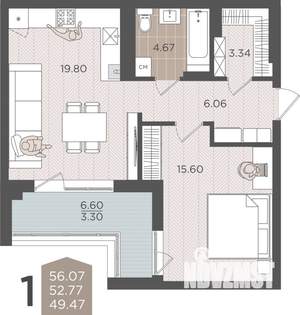 1-к квартира, вторичка, 53м2, 9/9 этаж