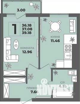1-к квартира, строящийся дом, 37м2, 4/8 этаж
