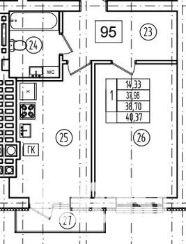 1-к квартира, вторичка, 39м2, 6/9 этаж