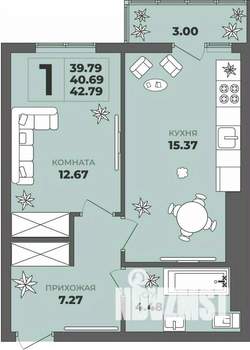 1-к квартира, вторичка, 41м2, 8/8 этаж