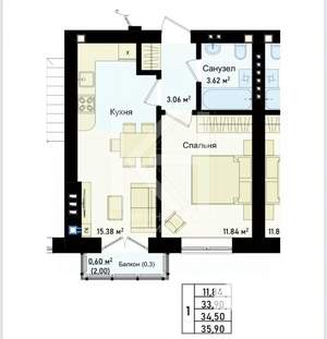 1-к квартира, сданный дом, 36м2, 1/4 этаж