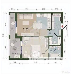 1-к квартира, вторичка, 52м2, 7/14 этаж