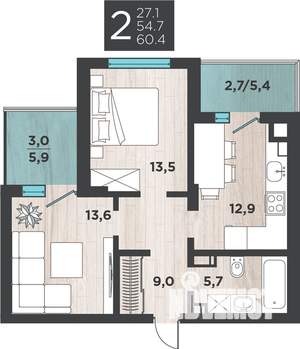 2-к квартира, вторичка, 60м2, 4/8 этаж