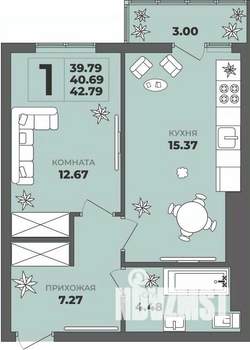 1-к квартира, строящийся дом, 41м2, 8/8 этаж
