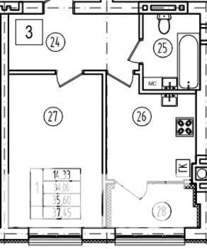1-к квартира, строящийся дом, 36м2, 1/9 этаж