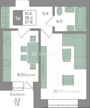 1-к квартира, вторичка, 37м2, 8/9 этаж