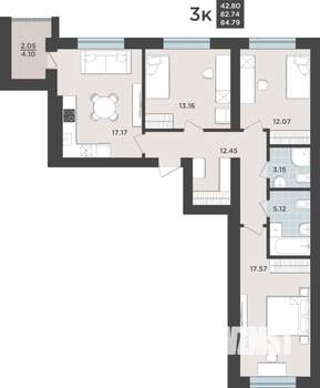 3-к квартира, строящийся дом, 83м2, 5/9 этаж