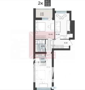 2-к квартира, вторичка, 64м2, 1/8 этаж