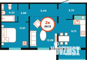 2-к квартира, строящийся дом, 59м2, 2/9 этаж