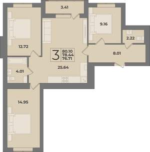 3-к квартира, строящийся дом, 80м2, 3/9 этаж