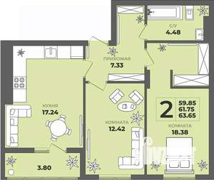 2-к квартира, строящийся дом, 62м2, 8/8 этаж