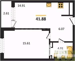 1-к квартира, вторичка, 42м2, 1/9 этаж