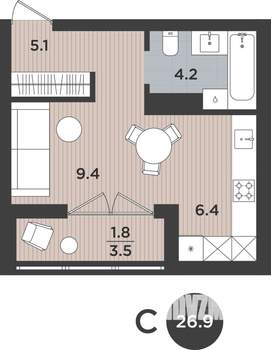1-к квартира, вторичка, 27м2, 2/9 этаж