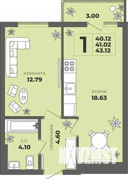 1-к квартира, строящийся дом, 41м2, 5/8 этаж