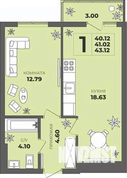 1-к квартира, строящийся дом, 41м2, 7/8 этаж