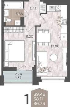 1-к квартира, вторичка, 38м2, 7/9 этаж