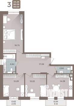 3-к квартира, строящийся дом, 86м2, 2/5 этаж