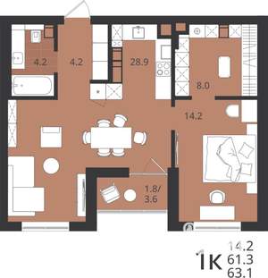1-к квартира, вторичка, 61м2, 9/9 этаж