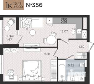 1-к квартира, вторичка, 43м2, 4/10 этаж