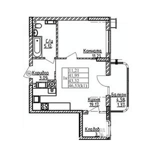 1-к квартира, строящийся дом, 43м2, 9/9 этаж