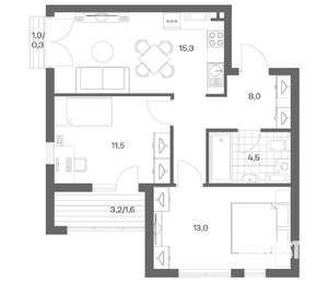 2-к квартира, строящийся дом, 54м2, 8/18 этаж