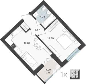 1-к квартира, строящийся дом, 43м2, 6/10 этаж